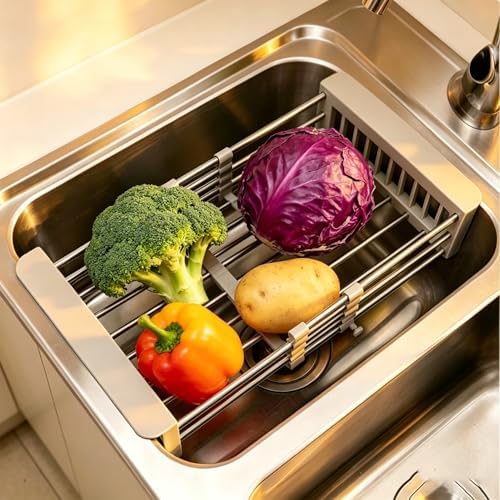 Expandable Sink Dish Drying Rack, Stainless Steel & ABS Sink Colander