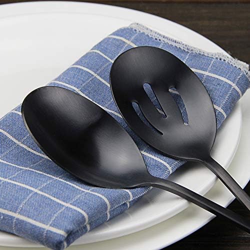Serving Spoons Set, Black Stainless Steel, 8.7 Inch, Slotted and Solid