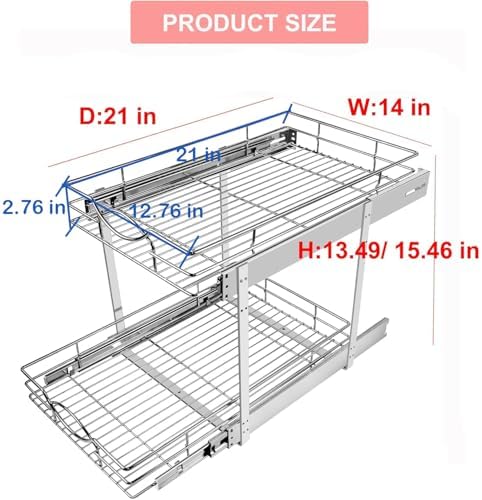 Sikarou Pull Out Cabinet Organizer 14"W 21"D 2-Tier Slide Out Storage Shelf