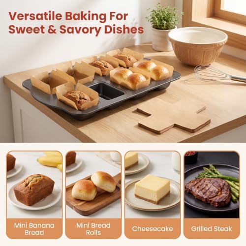 2 Pack Mini Loaf Pans for Baking with 300 Parchment Liners, 8-Cavity