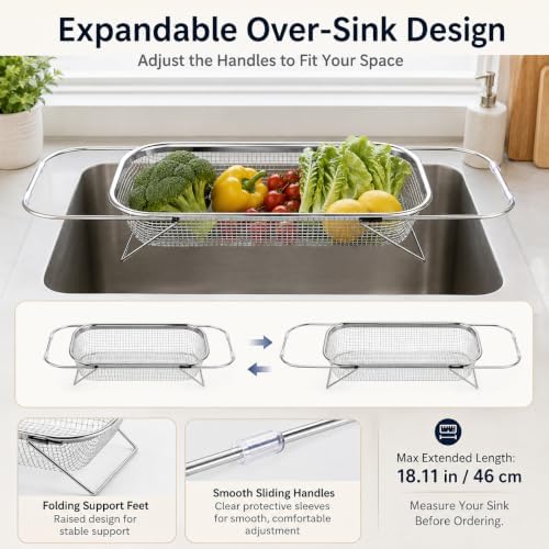 Expandable Over the Sink Colander, 12.6 x 5.1 Inch Stainless Steel
