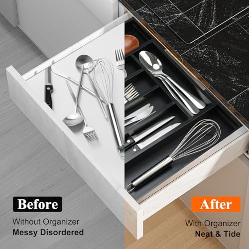 Expandable Large Kitchen Silverware Drawer Organizer Bamboo Utensil