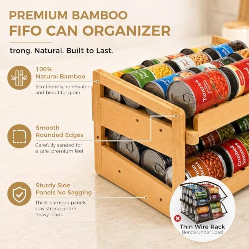MinBoo Bamboo FIFO Can Organizer for Pantry, 24-Can Gravity Dispenser