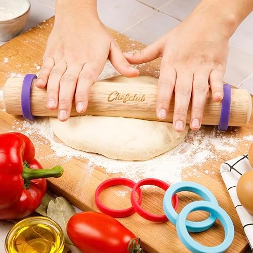Chefclub Kids Adjustable Wooden Rolling Pin - 3 Removable Silicone