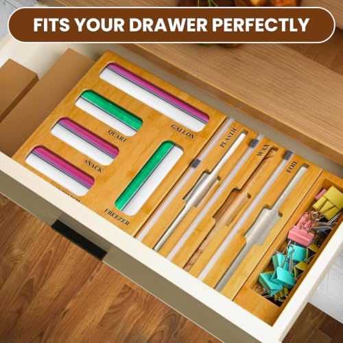 9 in 1 Bamboo Kitchen Drawer Storage Bag Organizer with Cutter