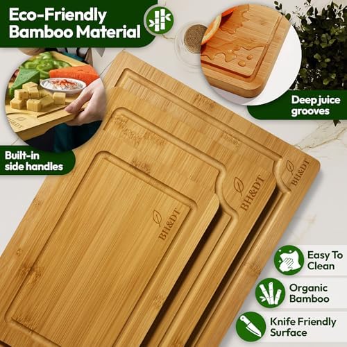 BH&DT Bamboo Cutting Board Set of 3 with Juice Grooves and Built-In