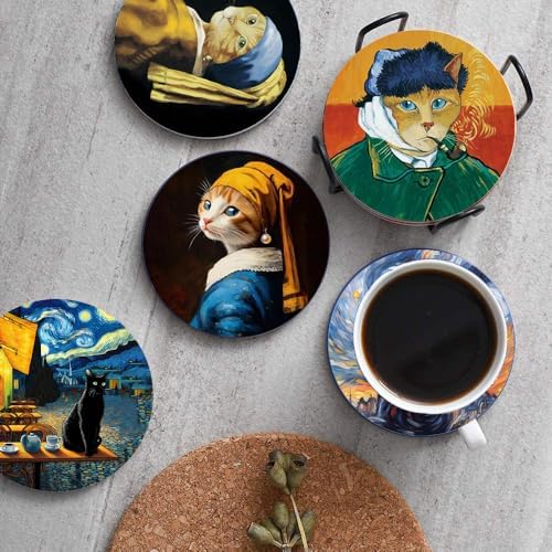 4inch Round Fun cat-Themed Marble Coaster with Storage Rack 8pcs