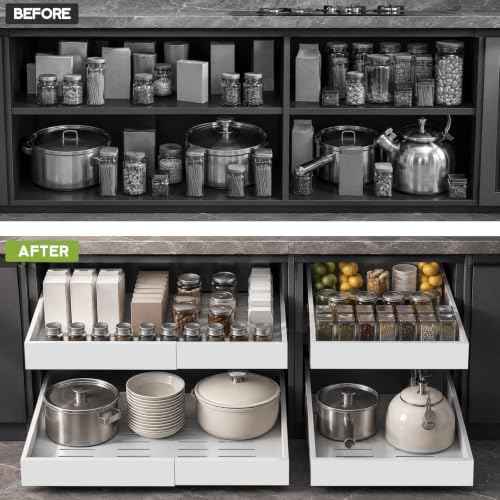 Seinloes 4 Pack Expandable Pull Out Cabinet Organizer 21"Deep With Raising Pad for Framed Cabinets,Upgrade 3 Slide Rails Slide Out Drawers,No Drill Roll Out Shelves,Adjustable Width 12.1"-20.4" White