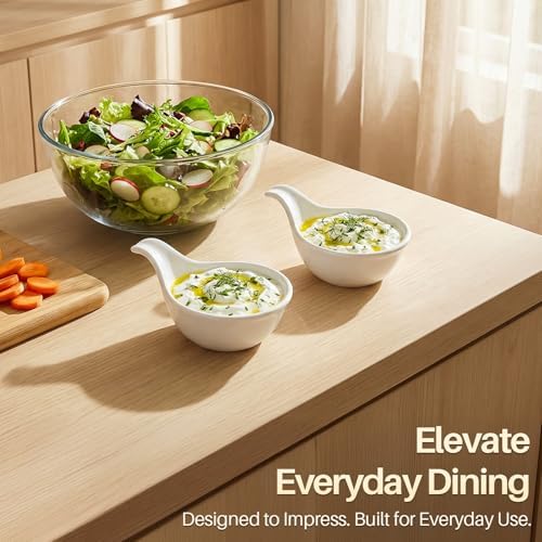 Flexzion Small Dipping Bowls with Handles, Ceramic White, 3 oz, 6-Pack