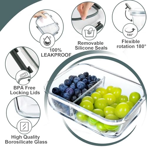 VERONES 10 PACK 30 OZ Glass Meal Prep Containers 2 Compartment Set