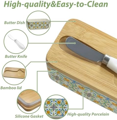KZJZKJ Ceramic Butter Dish with Lid, Large Green Butter Keeper for 2
