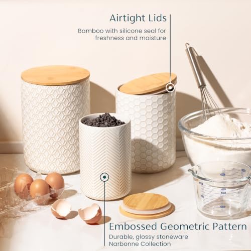 Kook Ceramic Storage Containers, Embossed, Bamboo Lids, Set of 3