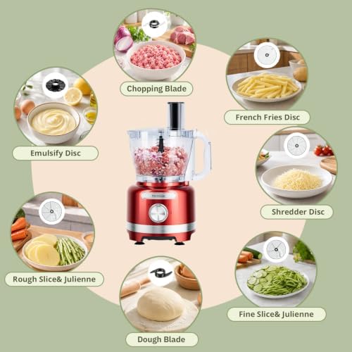 Homtone 16-Cup Food Processor with French Fry Cutter, Red