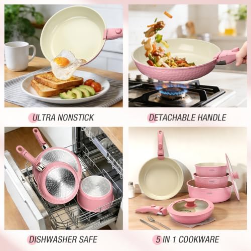 pots and Pans Set, Ceramic Nonstick Cookware Set Detachable Handle