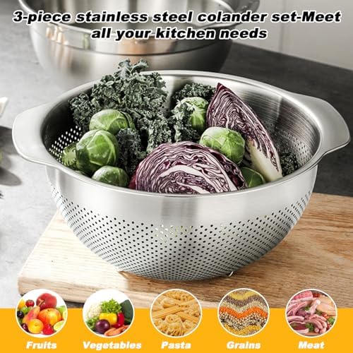 3 Pcs Stainless Steel Colander Set for Kitchen, Metal Food Pasta