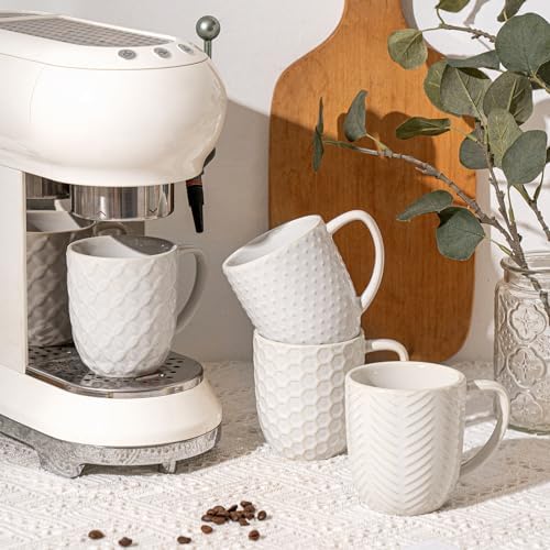 FOBENTA Ceramic Coffee Mugs Set of 4, 12oz Embossed Cups with Elegant