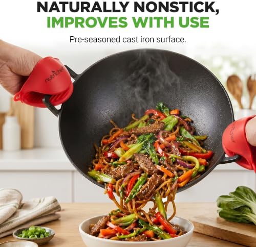NutriChef 14" Cast Iron Wok with Wooden Lid - Pre-Seasoned Kadai for Stir-Fry with Loop Handles, Compatible with Multiple Cooktops Including Induction, Large 5.8 Qt Capacity