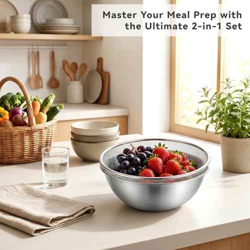 Stainless Steel Colander and Strainer Bowl Set, 3.2QT Rice Washer Strainer with Mixing Bowl, Multipurpose Kitchen Basket with Fine Mesh Colander Stainless Steel Pasta Strainers Solid Bowls