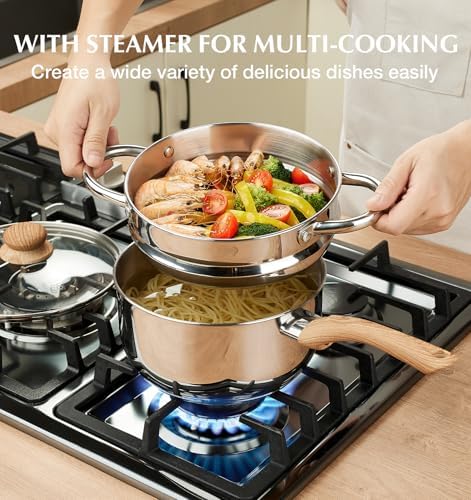 KOCH SYSTEME CS Stainless Steel Saucepan Set with Steamer, 18/10 Stainless Steel Pots 1QT& 2QT & 3QT, Sauce Pan Set with Cool-Touch Handles, Tri-Ply Steel Base, Induction Compatible Pots