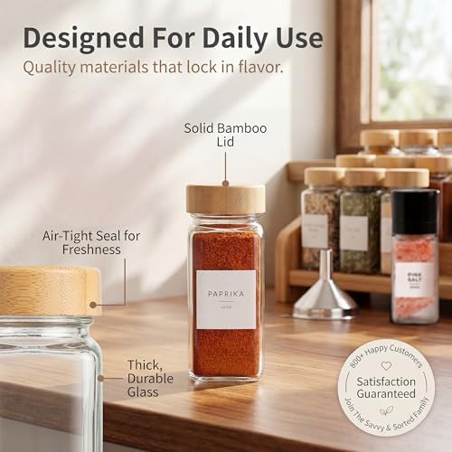 SAVVY & SORTED Glass Spice Jars with Label, 24PK Bamboo Jar Spices Set