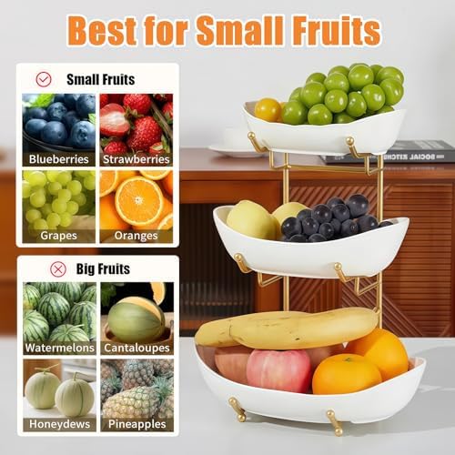 3 Tier Fruit Basket, Ceramic Fruit Bowl for Kitchen Counter