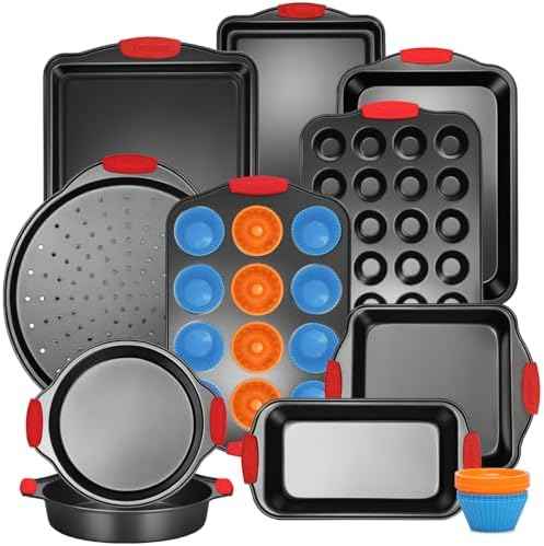 Baking Pans Set with Silicone Handles, 34 PCS Nonstick Bakeware Sets, Oven Pan Set Includes Baking Tray, Cookie Sheet, Cake Pans, Loaf Pan, Muffin Pan, Pizza Pan
