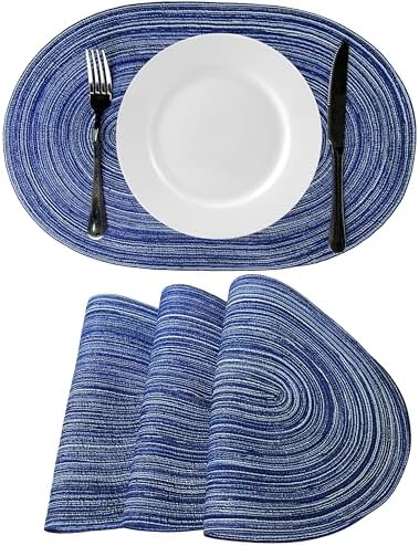 WAZAIGUR Oval Placemats Set of 4, Woven Braided, 18 x 12 Inch, Blue &