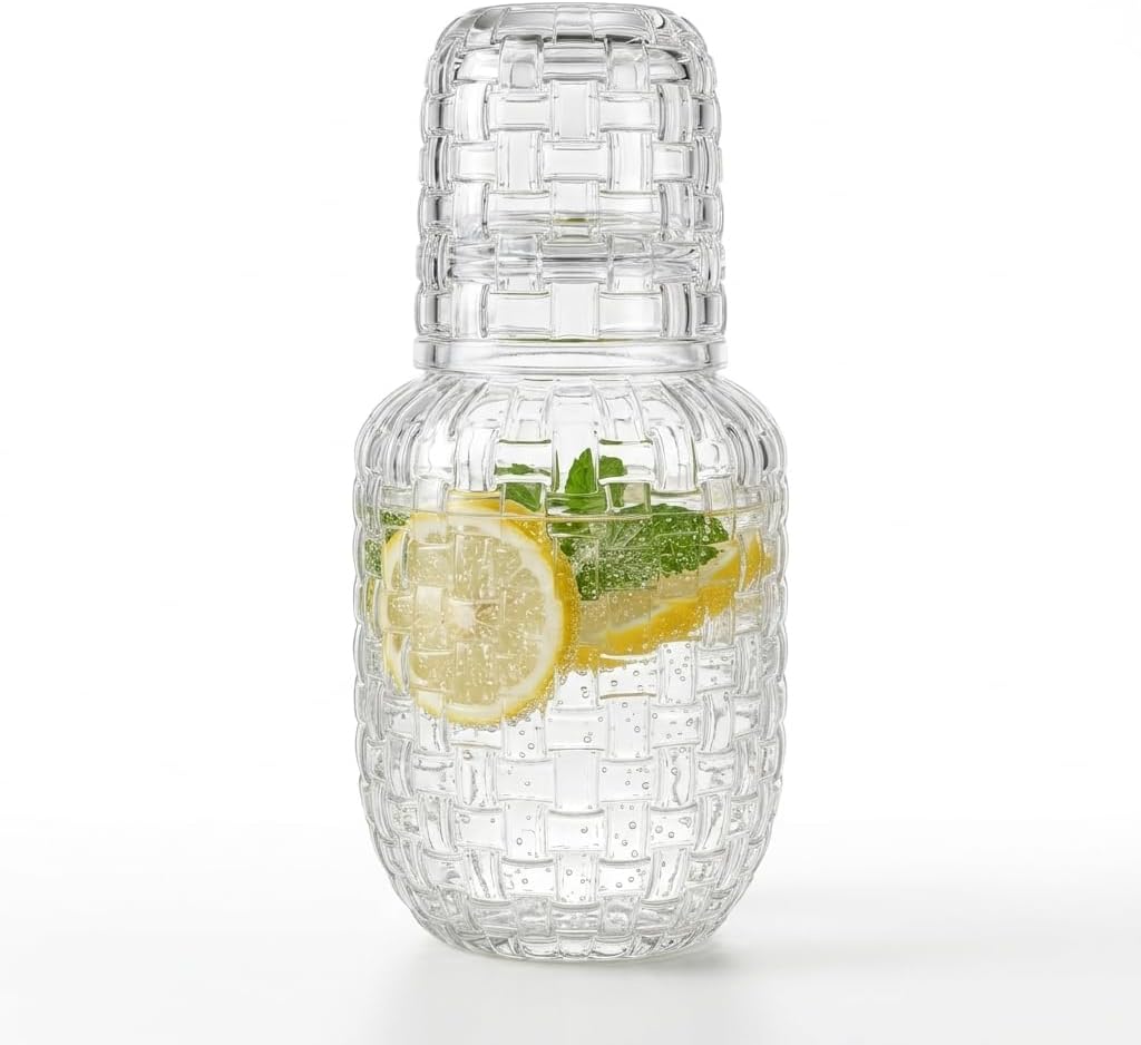 Vintage Bedside Water Carafe and Glass Set, Glass Bedside Carafe with