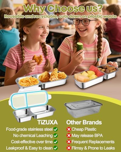 2 Pack Stainless Steel Snack Containers, 2-Compartment Bento Boxes for