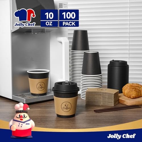 JOLLY CHEF 10 oz Coffee Cups with Lids, Sleeves and Stirrers 100 Count