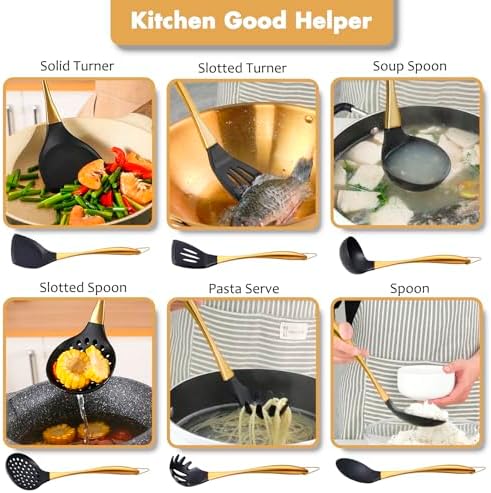 Silicone Cooking Utensils Set, 9 Pcs, Stainless Steel Handle, Gold