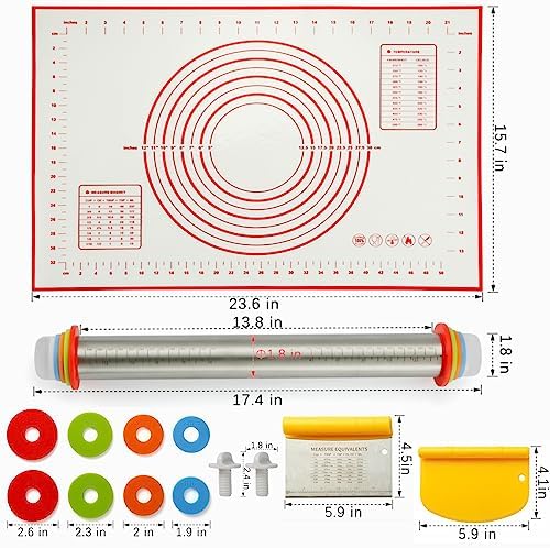 MIKULA Rolling Pin and Silicone Baking Mat Set, Stainless Steel