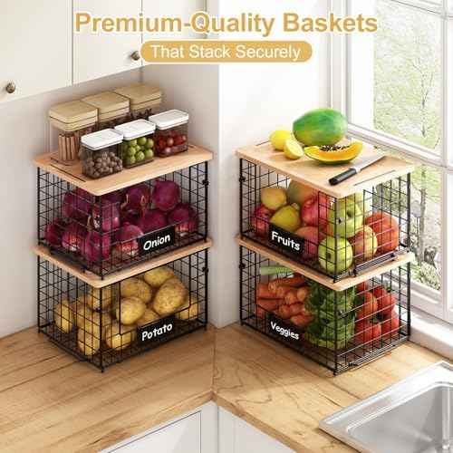 2-Pack Stackable Wire Baskets with Bamboo Top