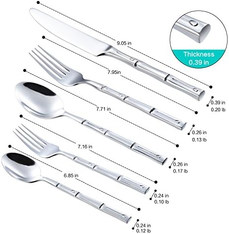Silverware Set Silver Bamboo Handle Flatware Stainless Steel Heavy