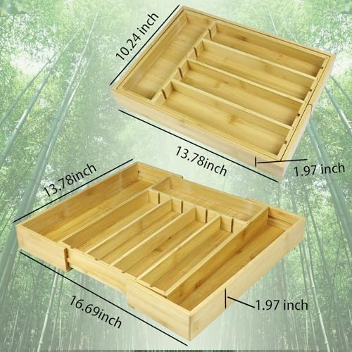 Bamboo Adjustable Drawer Organizer - Expandable Utensil Organizer for