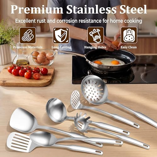 TeamFar Stainless Steel Cooking Utensils Set, 7 Pcs Metal Kitchen