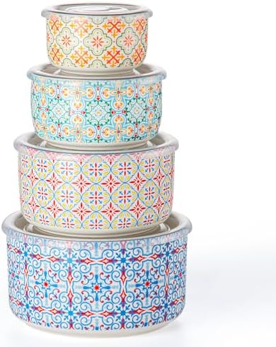 Ceramic Nesting Bowl Set with Lids, Microwave Safe, Set of 4