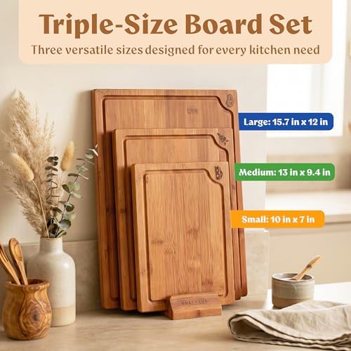 EDELHAUS Carbonized Bamboo Cutting Board Set of 3 with Stand, Non