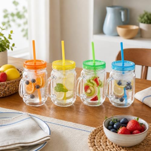 Plastic Mason Jars with Handles, Lids and Straws | 20 oz Double