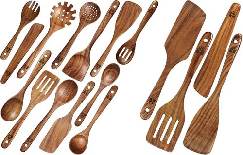 13-Piece Teak Wood Utensil Set with 4-Piece Spatula Set
