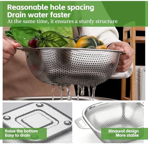 6QT 3-Piece Square Stainless Steel Colander Set w/Handle, Microporous High Foot Strainer for Spaghetti & Veggies Draining, Dishwasher Safe, Gift Box Packed Kitchen Draining Tool (6QT+4QT+2.4QT)
