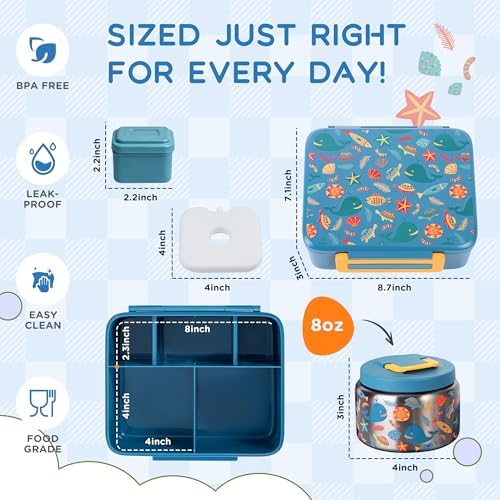 Kids Bento Lunch Box with 8oz Thermo, Ice Pack & Dividers for School