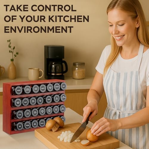 Bamboo Spice Rack Organizer with 28 Glass Spice Jars 4 oz Set Cherry