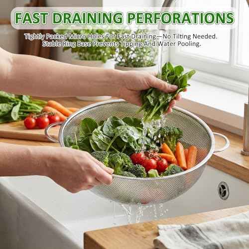 Gisafai 3 Pcs 10/12/16 Quart Stainless Steel Colander Set for Kitchen Micro Perforated Exlarge Metal Pasta Strainer with Handles Metal Mesh Strainer Net Basket Self Draining Solid Base for Pasta