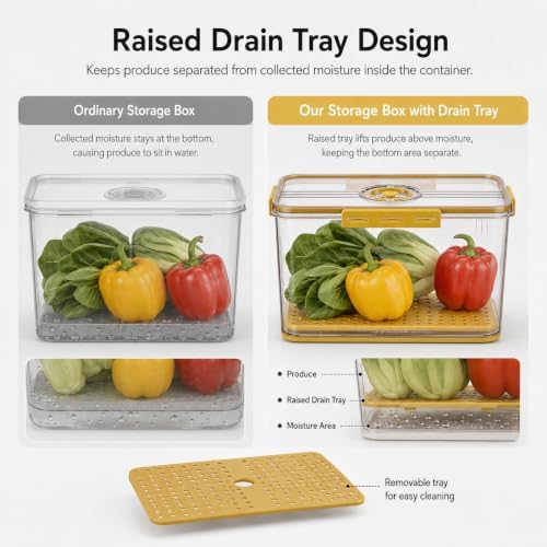 Fridge Storage Box with Drain Tray, Refrigerator Storage Container