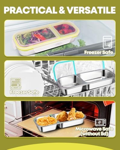 2 Pack Stainless Steel Snack Containers, 2-Compartment Bento Boxes for