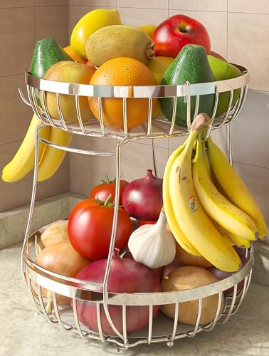 Sevenblue 2 Tier Fruit Bowl for Kitchen Counter, Silvery, Extra Large