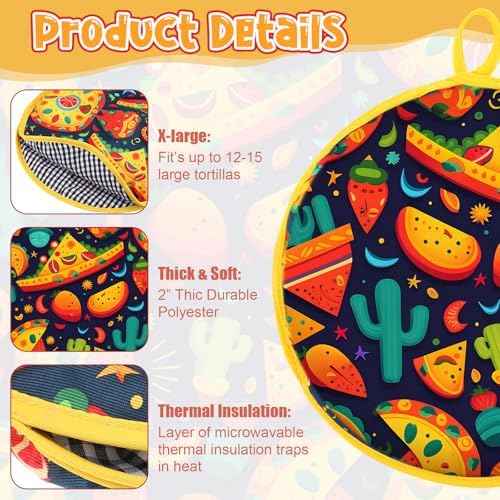LemonRoad 3 Pcs Tortilla Warmer Pouch 12 Inch Microwaveable &