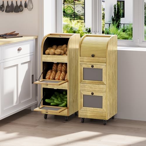 Potato & Onion Storage Bin with Wheels&Mesh Doors,3-Tier Bread