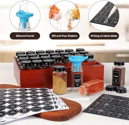 Bamboo Spice Rack Organizer with 28 Glass Spice Jars 4 oz Set Cherry